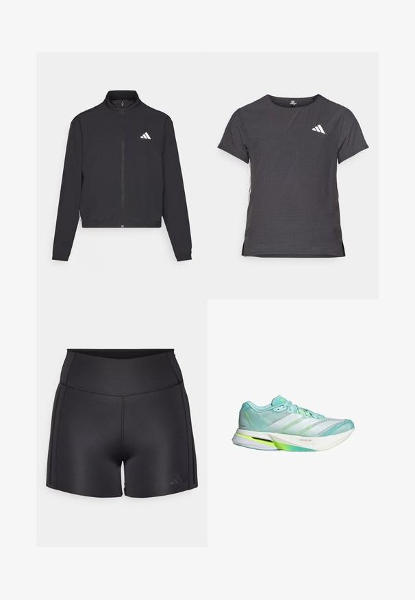 adidas Performance TRAIN ESSENTIALS 3 STRIPES WARM UP - Training jacket - black/white; Short-sleeve athletic t-shirt, dark gray with perforated texture. Features a white logo and contrasting side stripes. Rounded neckline.; Black athletic shorts made of stretchy material, featuring a high waistband, flat seams, and a subtle Adidas logo in the lower corner.; Lightweight running shoe in mint green and white, with mesh upper and flexible sole. Features three stripes and a textured heel counter.