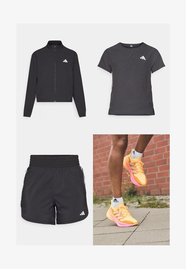 adidas Performance TRAIN ESSENTIALS 3 STRIPES WARM UP - Training jacket - black/white; Short-sleeve athletic t-shirt, dark gray with perforated texture. Features a white logo and contrasting side stripes. Rounded neckline.; Black athletic shorts with an elastic waistband, side pockets, and white stripe accents on the sides. Made of lightweight material.; Bright yellow running shoes with pink accents and white stripes, featuring a mesh upper, lightweight design, and textured sole.