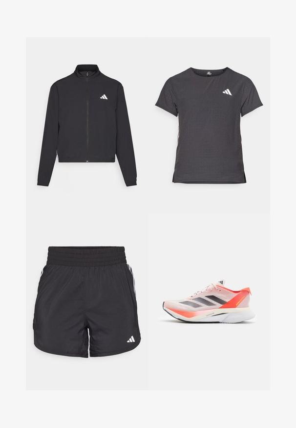 adidas Performance TRAIN ESSENTIALS 3 STRIPES WARM UP - Sportovní bunda - black/white; Kraťasový sportovní tričko, tmavě šedé barvy s perforovanou texturou. Obsahuje bílé logo a kontrastní boční pruhy. Kulatý výstřih.; Černé sportovní šortky s elastickým pasem, bočními kapsami a bílými pruhy po stranách. Vyrobené z lehkého materiálu.; adidas Performance ADIZERO BOSTON 12 - Silniční běžecké boty - sandy pink aurora met solar red