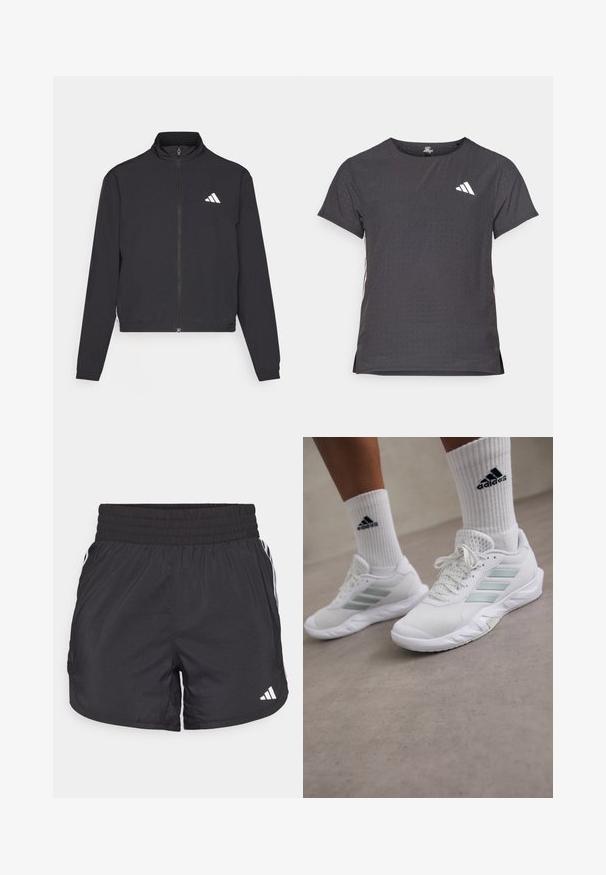 adidas Performance TRAIN ESSENTIALS 3 STRIPES WARM UP - Bluză de trening - black/white; Tricou athletic cu mânecă scurtă, gri închis, cu textură perforată. Prezentă un logo alb și dungi contrastante pe laterale. Guler rotunjit.; Șorturi atletice negre, cu talie elastică, buzunare laterale și accente albe pe laterale. Fabricate dintr-un material ușor.; Pantofi sport albi cu partea superioară din plasă și accente verde deschis, având un design cu trei dungi și talpă din cauciuc. Asortați cu șosete albe până la glezne.
