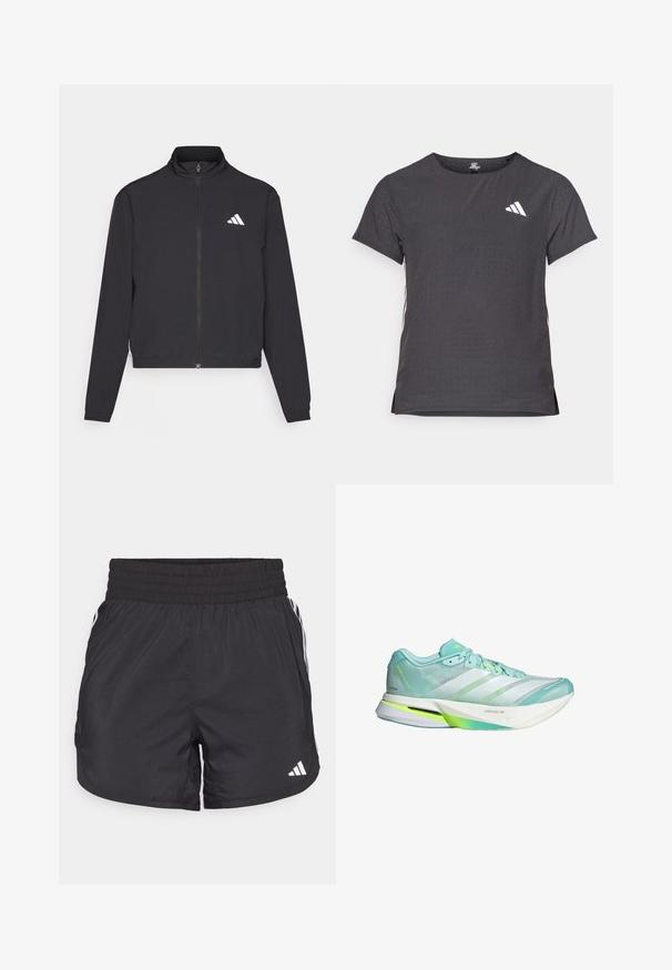 adidas Performance TRAIN ESSENTIALS 3 STRIPES WARM UP - Tréningová bunda - black/white; Tričko s krátkym rukávom pre šport, tmavosivé s perforovanou textúrou. Obsahuje biele logo a kontrastné bočné pruhy. Okrúhly výstrih.; Čierne športové šortky s elastickým pásom, bočnými vreckami a bielymi pruhmi po stranách. Vyrobené z ľahkého materiálu.; Ľahká bežecká obuv v mätovo zelenej a bielej farbe, s vrchom z sieťoviny a flexibilnou podrážkou. Obsahuje tri pruhy a textúrovaný opätok.