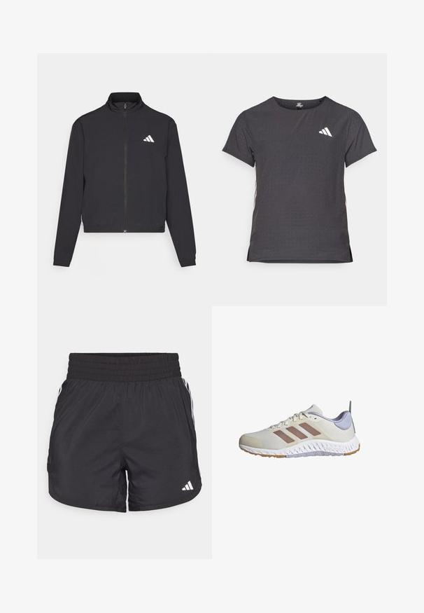 adidas Performance TRAIN ESSENTIALS 3 STRIPES WARM UP - Trainingsjacke - black/white; Kurze Ärmel Sport-T-Shirt, dunkelgrau mit durchbrochener Textur. Enthält ein weißes Logo und kontrastierende Seitenstreifen. Runder Ausschnitt.; Schwarze Sportshorts mit elastischem Bund, seitlichen Taschen und weißen Streifenakzenten an den Seiten. Hergestellt aus leichtem Material.; adidas Performance EVERYSET VERSATILE - Trainingsschuh - chalk white warm clay violet tone