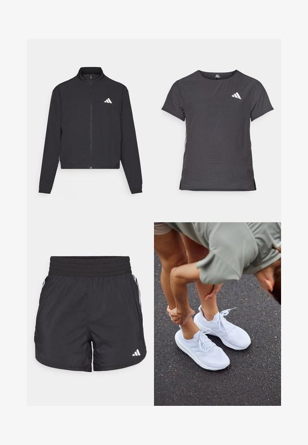 adidas Performance TRAIN ESSENTIALS 3 STRIPES WARM UP - Trainingsjacke - black/white; Kurze Ärmel Sport-T-Shirt, dunkelgrau mit durchbrochener Textur. Enthält ein weißes Logo und kontrastierende Seitenstreifen. Runder Ausschnitt.; Schwarze Sportshorts mit elastischem Bund, seitlichen Taschen und weißen Streifenakzenten an den Seiten. Hergestellt aus leichtem Material.; Weiße Sportschuhe mit Netzpaneelen und strukturierten Sohlen, ausgestattet mit Schnürsenkeln und einem gepolsterten Design, auf einer Asphaltfläche platziert.