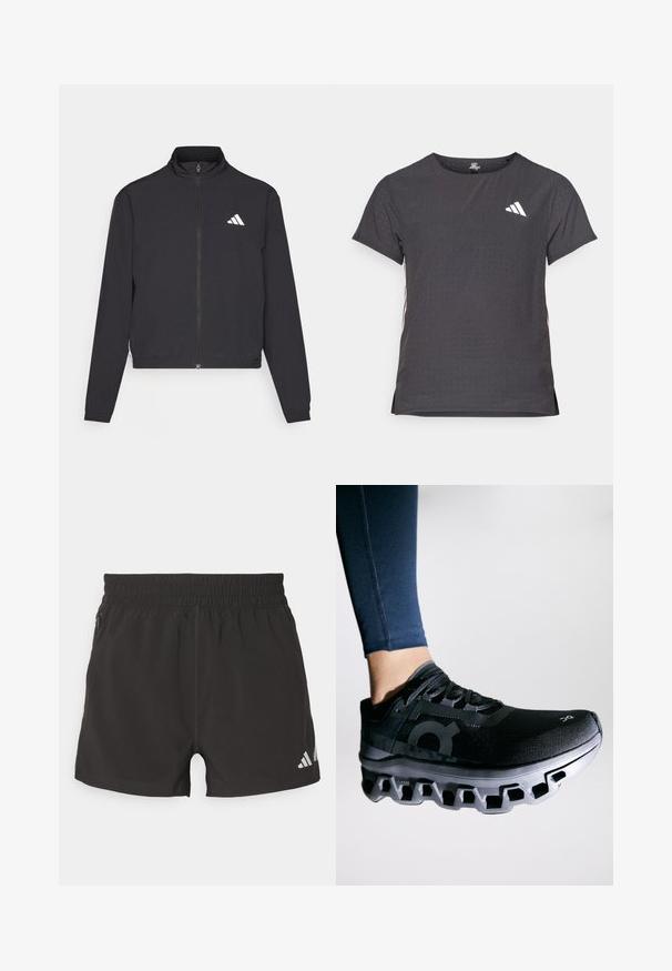 adidas Performance TRAIN ESSENTIALS 3 STRIPES WARM UP - Training jacket - black/white; Short-sleeve athletic t-shirt, dark gray with perforated texture. Features a white logo and contrasting side stripes. Rounded neckline.; Black athletic shorts made of lightweight fabric. Features an elastic waistband, side zipper pocket, and a reflective logo on the hem.; Black running shoe with a textured upper and a distinctive midsole featuring a unique segmented design. Accented with a logo on the side.