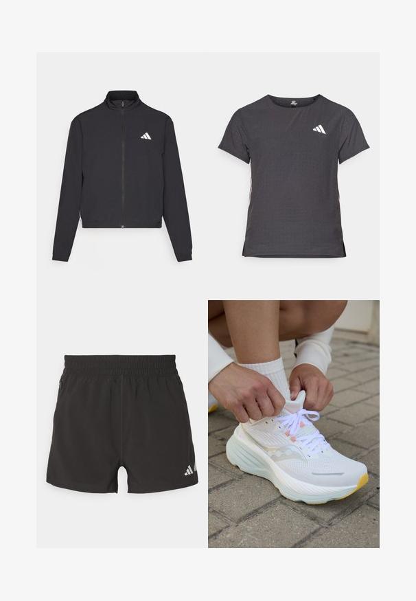 adidas Performance TRAIN ESSENTIALS 3 STRIPES WARM UP - Chaqueta de entrenamiento - black/white; Camiseta atlética de manga corta, gris oscuro con textura perforada. Presenta un logo blanco y rayas laterales en contraste. Escote redondeado.; Pantalones cortos deportivos negros de tejido ligero. Cuentan con una cinturilla elástica, un bolsillo lateral con cremallera y un logotipo reflectante en el dobladillo.; Saucony HURRICANE 24 - Zapatillas running asfalto - white