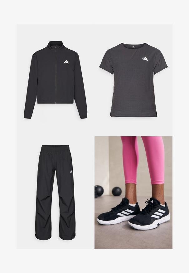 adidas Performance TRAIN ESSENTIALS 3 STRIPES WARM UP - Bluză de trening - black/white; Tricou athletic cu mânecă scurtă, gri închis, cu textură perforată. Prezentă un logo alb și dungi contrastante pe laterale. Guler rotunjit.; Pantaloni negri, ușori, impermeabili, cu un brâu elastic, buzunare laterale și mansete ajustabile. Prezintă un logo alb pe coapsa stângă.; Adidași negri cu dungi albe, suprafață din plasă texturată și talpă albă. Purtați cu colanți roz, evidențiind îmbrăcămintea sport.