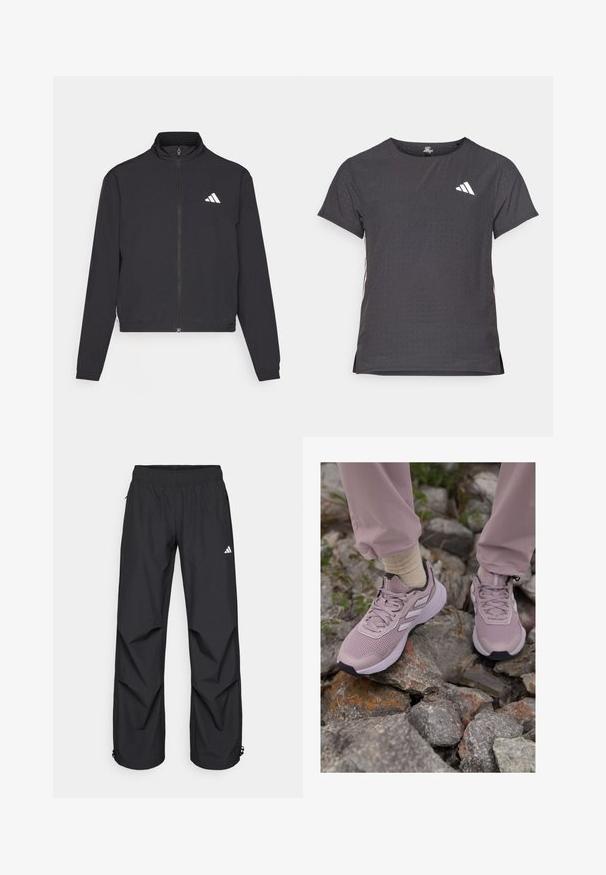 adidas Performance TRAIN ESSENTIALS 3 STRIPES WARM UP - Träningsjacka - black/white; Kortärmad atletisk t-shirt, mörkgrå med perforerad textur. Har en vit logotyp och kontrasterande sidostripes. Rundad halsringning.; Svarta, lätta, vattentäta byxor med elastisk midja, sidofickor och justerbara muddar. Har en vit logotyp på vänster lår.; adidas Terrex TRACEFINDER TRAIL RUNNING SHOES - Löparskor terräng - preloved fig/silver dawn/aurora black