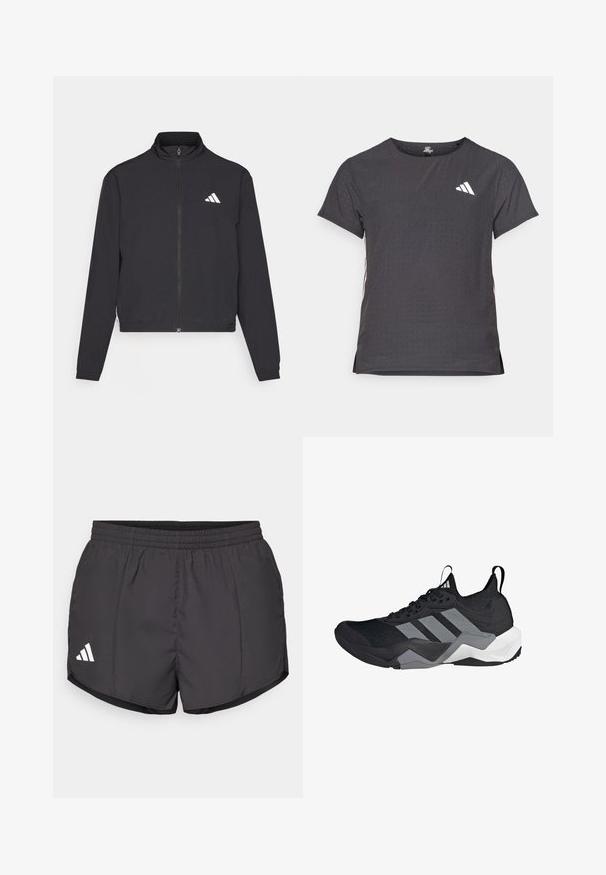 adidas Performance TRAIN ESSENTIALS 3 STRIPES WARM UP - Tréning dzseki - black/white; Rövid ujjú sport póló, sötétszürke perforált textúrával. Fehér logóval és kontrasztos oldalsávokkal rendelkezik. Kerek nyakkal.; Fekete sportnadrág könnyű anyagból, rugalmas derékkal és fehér Adidas logóval a bal alsó oldalon.; Fekete sportcipő, lélegző hálós felsőrésszel, szürke kiegészítőkkel, texturált talppal és három jellegzetes csíkkal az oldalon.