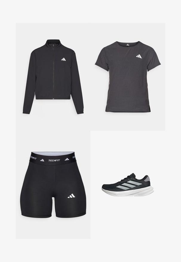 adidas Performance TRAIN ESSENTIALS 3 STRIPES WARM UP - Giacca sportiva - black/white; T-shirt atletico a maniche corte, grigio scuro con texture perforata. Presenta un logo bianco e strisce laterali a contrasto. Girocollo.; Shorts neri realizzati in tessuto elastico con un design aderente. Presentano una larga fascia in vita nera etichettata "TECHFIT" e un logo bianco sulla gamba.; Scarpa da corsa nera con tomaia in mesh, tre strisce argentate, intersuola bianca e suola testurizzata. Presenta un colletto imbottito e chiusura con lacci.