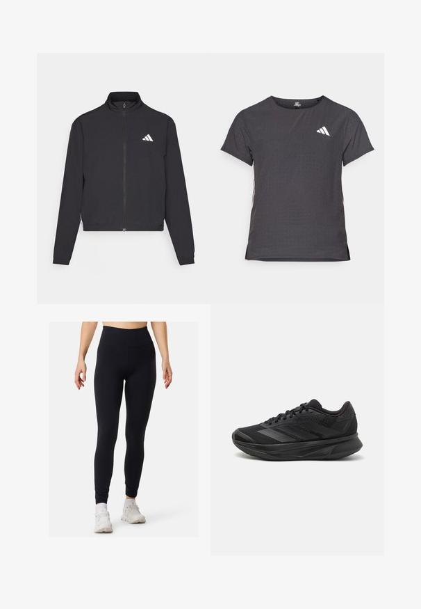 adidas Performance TRAIN ESSENTIALS 3 STRIPES WARM UP - Træningsjakke - black/white; Kortærmet atletisk t-shirt, mørkegrå med perforeret tekstur. Har et hvidt logo og kontrastfarvede sidelister. Rundet halsudskæring.; Sorte leggings med høj talje, lavet af et glat, strækbart materiale. Har et tætsiddende design og flade sømme, velegnet til sportstøj.; Sort løbesko med en åndbar mesh-overdel, afrundet tå, strømlinet design, teksturerede detaljer og en polstret sål for komfort.