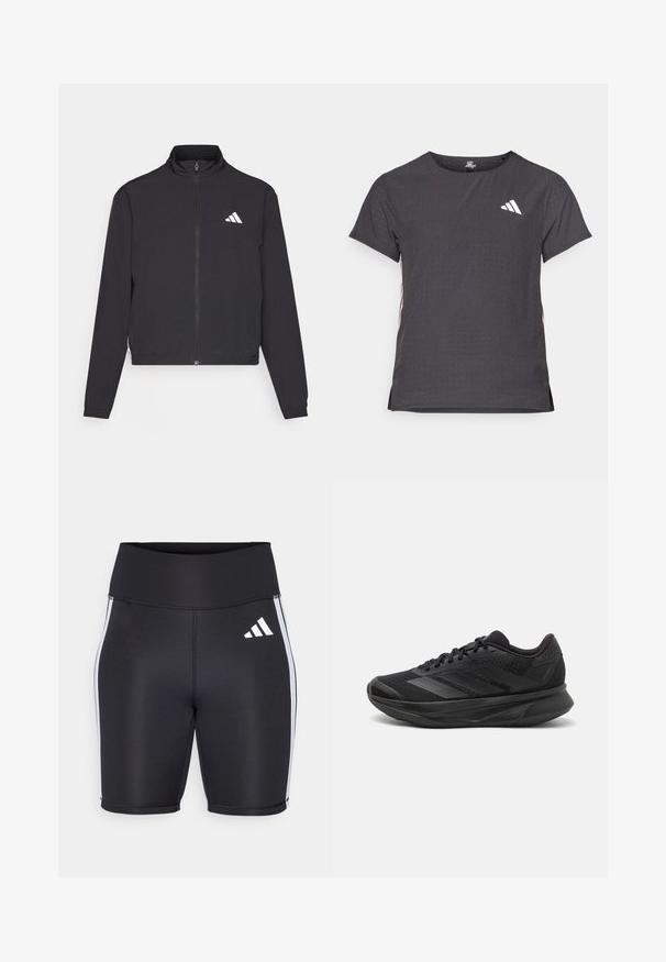 adidas Performance TRAIN ESSENTIALS 3 STRIPES WARM UP - Training jacket - black/white; Short-sleeve athletic t-shirt, dark gray with perforated texture. Features a white logo and contrasting side stripes. Rounded neckline.; Black athletic shorts with a high waistband, white side stripes, and a small white logo. Smooth fabric with a fitted design.; Black running shoe with a breathable mesh upper, rounded toe, sleek design, textured accents, and a cushioned sole for comfort.