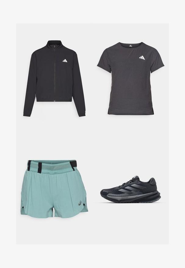 adidas Performance TRAIN ESSENTIALS 3 STRIPES WARM UP - Træningsjakke - black/white; Kortærmet atletisk t-shirt, mørkegrå med perforeret tekstur. Har et hvidt logo og kontrastfarvede sidelister. Rundet halsudskæring.; ASICS METARUN SPLIT SHORT - Korte sportsbukser - celadon; Sort sportsko med en struktureret mesh-overdel, refleksaccenter, polstret sål og et strømlinet design. Har tre-stribe logo.