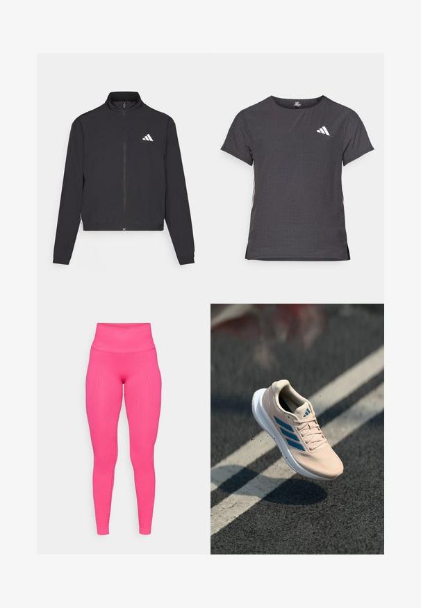 adidas Performance TRAIN ESSENTIALS 3 STRIPES WARM UP - Treningsjakke - black/white; Kortermet treningstrøye, mørkegrå med perforert tekstur. Har en hvit logo og kontrasterende side-striper. Rund halslinje.; Ribbet rosa leggings med høy midje, med en tettsittende passform og myk tekstur. Designet fremhever en strømlinjeformet silhuett.; Lys rosa treningssko med blå detaljer, overlær i mesh, snøresystem og hvit såle. Har tre striper som logo på siden.