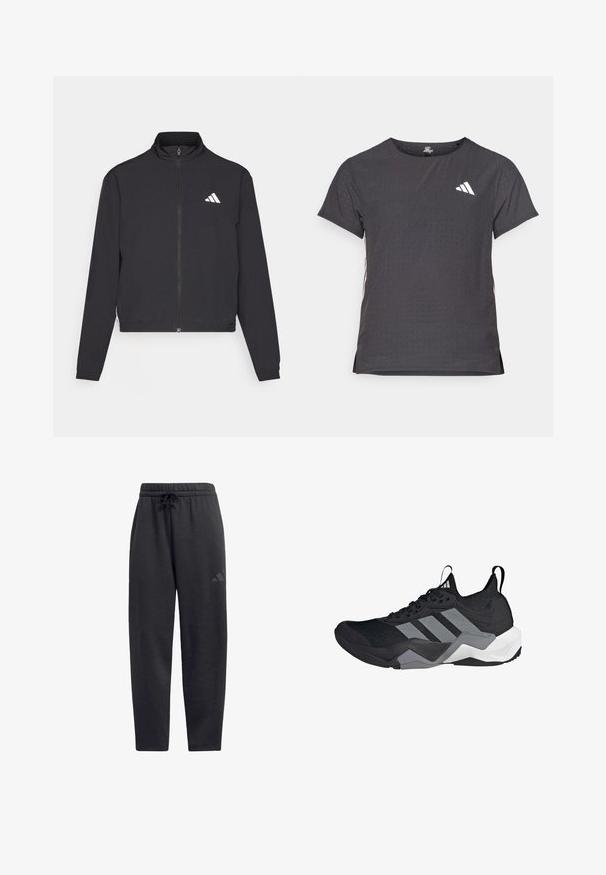 adidas Performance TRAIN ESSENTIALS 3 STRIPES WARM UP - Treniņjaka - black/white; Īsām piedurkņu sporta T-krekls, tumši pelēks ar perforētu tekstūru. Iespējots ar baltu logotipu un kontrastējošām sānu svītrām. Apaļa kakla izgriezums.; Melnas treniņbikses, kas izgatavotas no mīksta auduma, ar elastīgu jostasvieta un auklu, taisnām kājām un diskretu logotipu uz augšstilba.; Melnas sporta kurpes ar elpojošu acu audumu, pelēkiem akcentiem, teksturētu zoli un trim izteiksmīgām svītrām sānos.