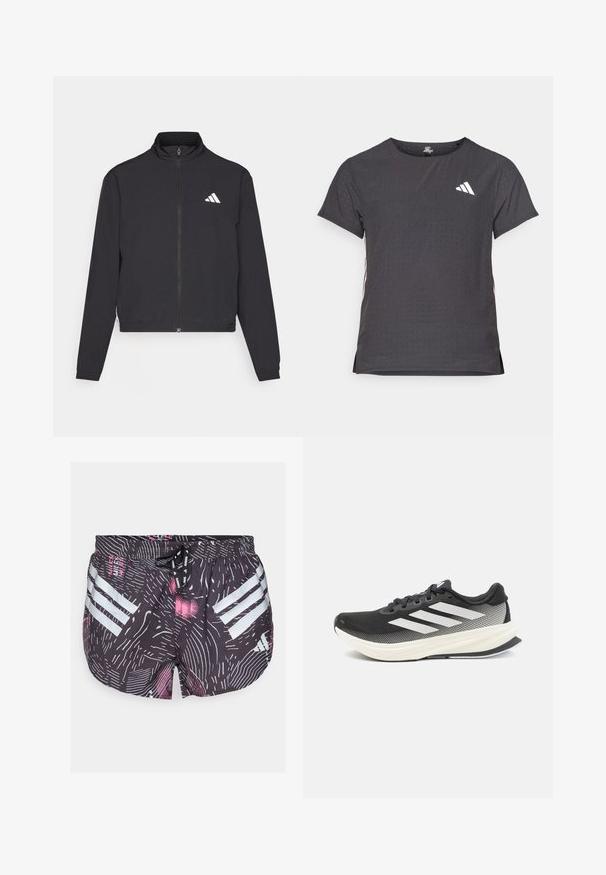 adidas Performance TRAIN ESSENTIALS 3 STRIPES WARM UP - Trainingsjacke - black/white; Kurze Ärmel Sport-T-Shirt, dunkelgrau mit durchbrochener Textur. Enthält ein weißes Logo und kontrastierende Seitenstreifen. Runder Ausschnitt.; adidas Performance SHORT - Kurze Sporthose - black; Schwarzer Sportschuh mit Mesh-Obermaterial, weißen Akzenten und einer dicken weißen Zwischensohle. Verfügt über Schnürsenkel und ein niedriges Profil.