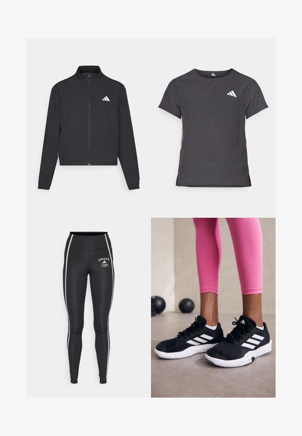 adidas Performance TRAIN ESSENTIALS 3 STRIPES WARM UP - Trainingsjacke - black/white; Kurze Ärmel Sport-T-Shirt, dunkelgrau mit durchbrochener Textur. Enthält ein weißes Logo und kontrastierende Seitenstreifen. Runder Ausschnitt.; Schwarze Leggings mit hohem Bund, mit weißen seitlichen Streifen und einem "Adidas Training Club"-Logo auf der Vorderseite. Glatte, elastische Stoffqualität.; Schwarze Sportschuhe mit weißen Streifen, strukturiertem Mesh-Obermaterial und einer weißen Sohle. Kombiniert mit pinken Leggings, die Trainingsbekleidung zur Schau stellen.