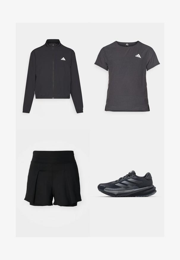 adidas Performance TRAIN ESSENTIALS 3 STRIPES WARM UP - Trainingsjacke - black/white; Kurze Ärmel Sport-T-Shirt, dunkelgrau mit durchbrochener Textur. Enthält ein weißes Logo und kontrastierende Seitenstreifen. Runder Ausschnitt.; Schwarze Sportshorts mit einem breiten Taillenbund, plissiertem Vorderdesign und Innenfutter. Hergestellt aus dehnbarem, leichtem Stoff.; Schwarzer Sportschuh mit einem strukturierten Mesh-Obermaterial, reflektierenden Akzenten, gepolsteter Sohle und einem schlanken Design. Enthält ein Logo mit drei Streifen.