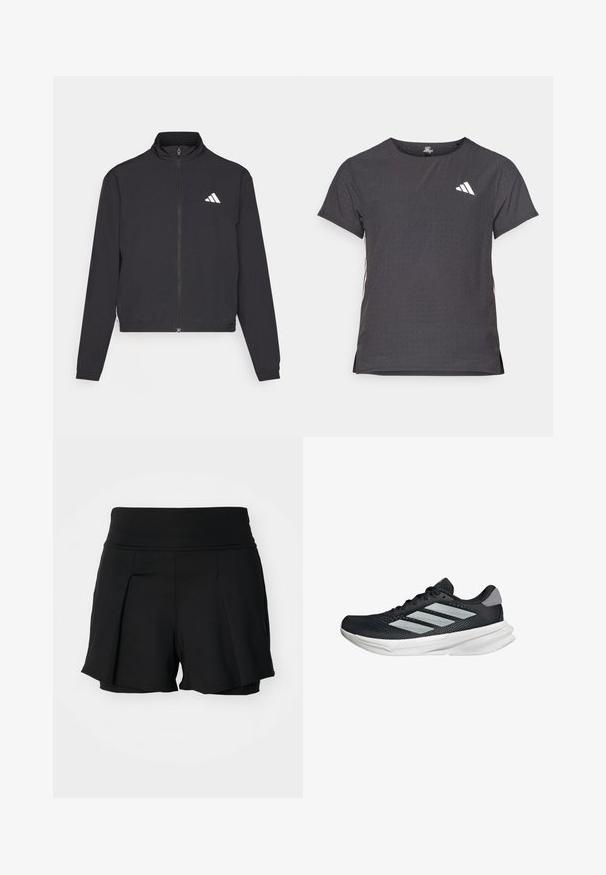 adidas Performance TRAIN ESSENTIALS 3 STRIPES WARM UP - Trainingsjacke - black/white; Kurze Ärmel Sport-T-Shirt, dunkelgrau mit durchbrochener Textur. Enthält ein weißes Logo und kontrastierende Seitenstreifen. Runder Ausschnitt.; Schwarze Sportshorts mit einem breiten Taillenbund, plissiertem Vorderdesign und Innenfutter. Hergestellt aus dehnbarem, leichtem Stoff.; Schwarzer Laufschuh mit Mesh-Obermaterial, drei silbernen Streifen, weißer Zwischensohle und strukturiertem Außensohle. Verfügt über einen gepolsterten Schaft und eine Schnürung.