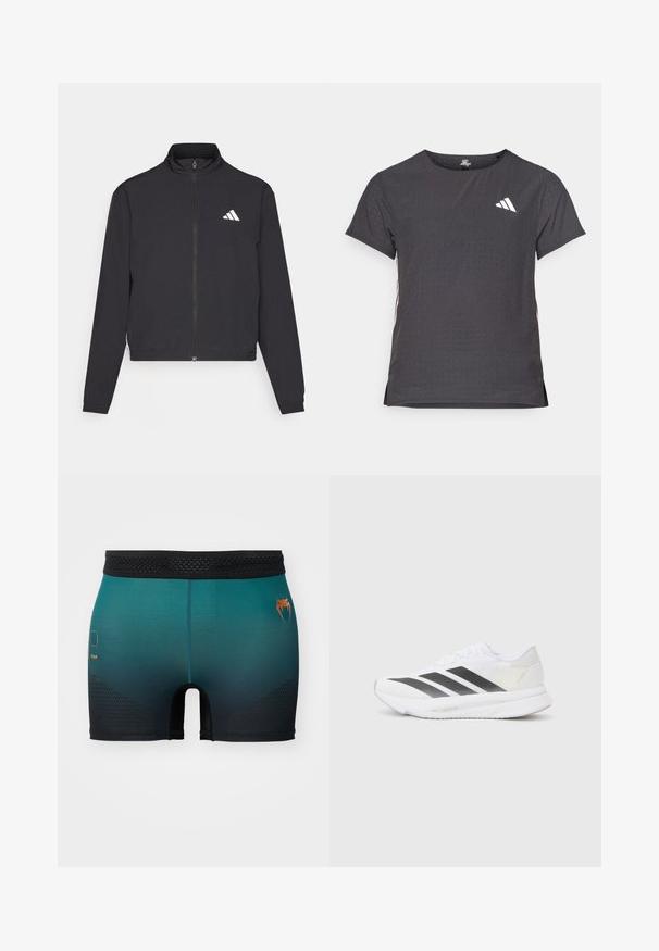 adidas Performance TRAIN ESSENTIALS 3 STRIPES WARM UP - Casaco de treino - black/white; T-shirt atlético de mangas curtas, cinza escuro com textura perfurada. Apresenta um logo branco e riscas laterais contrastantes. Decote arredondado.; Calções ajustados masculinos em gradiente de teal para preto, com uma cintura elástica em malha preta, logótipo laranja e detalhes texturizados nas laterais inferiores.; Shoe atlético branco com riscas diagonais pretas, parte superior em malha, bico arredondado e sola texturizada. Os destaques incluem um calcanhar prateado e um design minimalista.