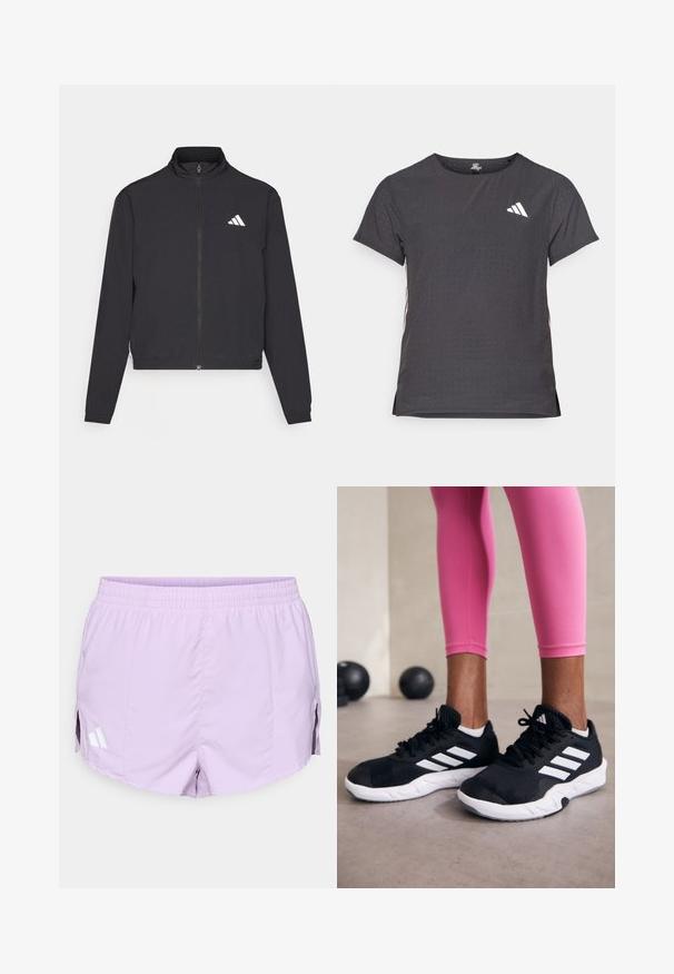 adidas Performance TRAIN ESSENTIALS 3 STRIPES WARM UP - Jakna za treniranje - black/white; Majica kratkih rukava za sport, tamno siva s perforiranim uzorkom. Ima bijeli logo i kontrastne bočne pruge. Zaobljeni izrez.; Lila atletske hlače s elastičnim pojasom, bočnim prorezima i bijelim brendiranim detaljima na lijevoj strani. Glatka, lagana tkanina.; Crne atletske cipele s bijelim prugama, gornji dio od teksturirane mrežaste tkanine i bijelim potplatom. Nošene uz ružičaste tajice, prikazujući trenirku.