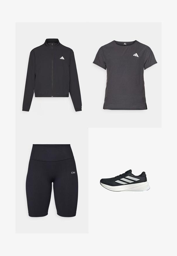 adidas Performance TRAIN ESSENTIALS 3 STRIPES WARM UP - Trainingsvest - black/white; Korte mouwen sport t-shirt, donkergrijs met geperforeerde textuur. Bevat een wit logo en contrasterende zijstrepen. Ronde halslijn.; Zwarte geribde fietsbroek met een hoge tailleband en het logo "ICIW" in wit op de bovenbeen. De stof lijkt zacht en rekbaar voor extra comfort.; Zwarte sportschoen met een textuur bovenwerk, voorzien van drie witte strepen aan de zijkant en een witte tussenzool. Lichtgewicht ontwerp, gestroomlijnde vorm.