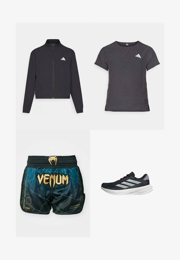 adidas Performance TRAIN ESSENTIALS 3 STRIPES WARM UP - Träningsjacka - black/white; Kortärmad atletisk t-shirt, mörkgrå med perforerad textur. Har en vit logotyp och kontrasterande sidostripes. Rundad halsringning.; Svarta och teal träningsshorts med VENUM-logotyp i guld, med glansig yta, nätdetaljer och ett geometriskt mönster.; Svart löparskor med meshtopp, tre silverränder, vit mellansula och strukturerad sula. Har vadderad krage och snörning.