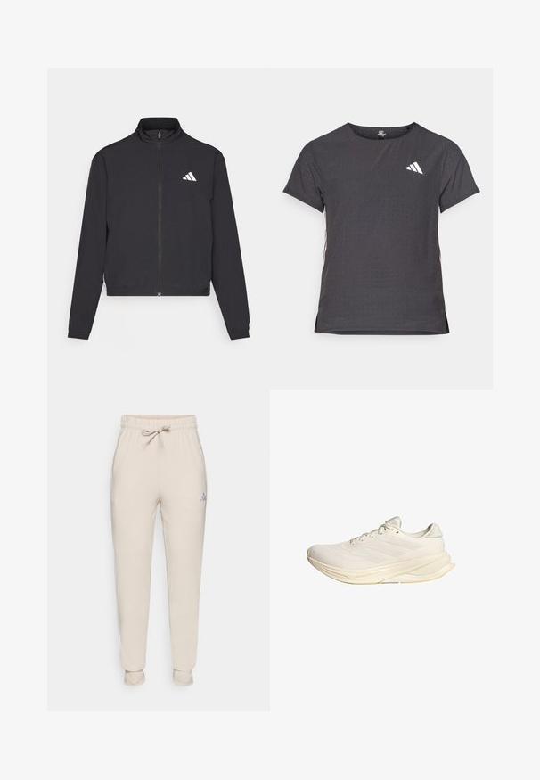 adidas Performance TRAIN ESSENTIALS 3 STRIPES WARM UP - Casaco de treino - black/white; T-shirt atlético de mangas curtas, cinza escuro com textura perfurada. Apresenta um logo branco e riscas laterais contrastantes. Decote arredondado.; Calças de treino bege com cintura elástica, cordão e punhos ajustados. Apresenta um pequeno logótipo roxo da adidas na coxa esquerda. Tecido suave.; Sapatilha desportiva bege claro com parte superior em malha, atacadores planos e sola acolchoada. Apresenta um design de três riscas no lado lateral.