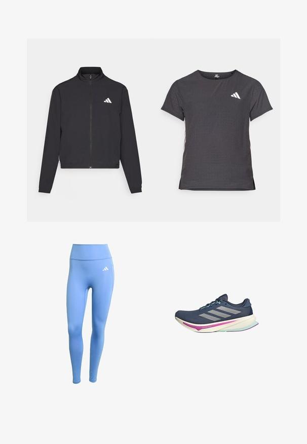 adidas Performance TRAIN ESSENTIALS 3 STRIPES WARM UP - Trainingsvest - black/white; Korte mouwen sport t-shirt, donkergrijs met geperforeerde textuur. Bevat een wit logo en contrasterende zijstrepen. Ronde halslijn.; Blauwe sportleggingen van rekbaar materiaal. Hoog getailleerd ontwerp, met een witte Adidas-logo aan de linkerkant. Glad textuur.; Marine hardloopschoen met bovenwerk van mesh, zilveren strepen, muntaccenten en een gevoerde zool met roze en teal details voor comfort.