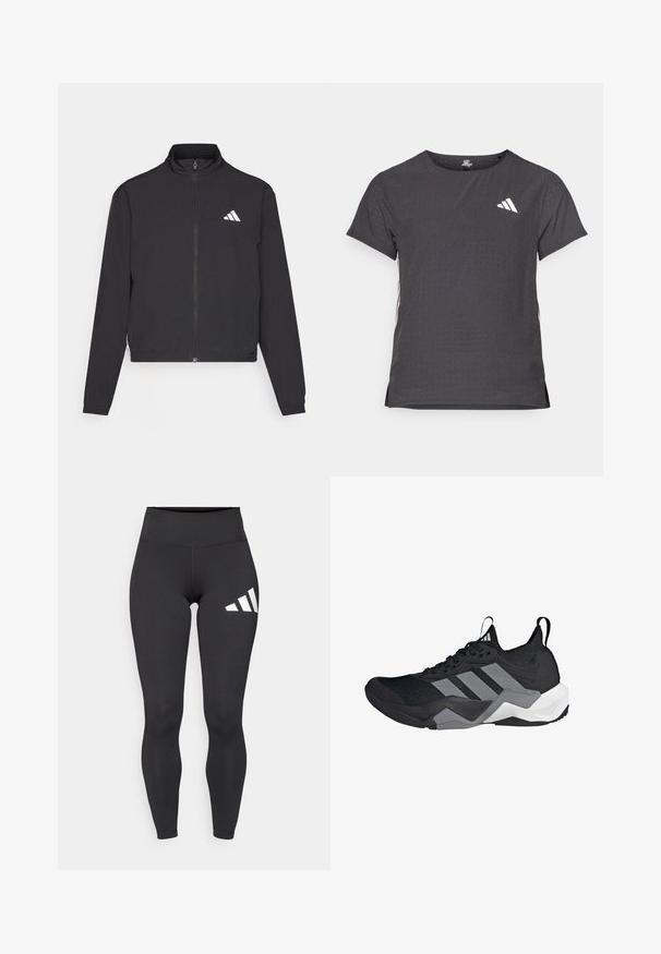 adidas Performance TRAIN ESSENTIALS 3 STRIPES WARM UP - Treniņjaka - black/white; Īsām piedurkņu sporta T-krekls, tumši pelēks ar perforētu tekstūru. Iespējots ar baltu logotipu un kontrastējošām sānu svītrām. Apaļa kakla izgriezums.; Melnas legingi, izgatavoti no elastīga materiāla, ar augstu jostasvietu un trim baltām diagonālām svītrām kreisajā augšstilbā. Gluda tekstūra.; Melnas sporta kurpes ar elpojošu acu audumu, pelēkiem akcentiem, teksturētu zoli un trim izteiksmīgām svītrām sānos.