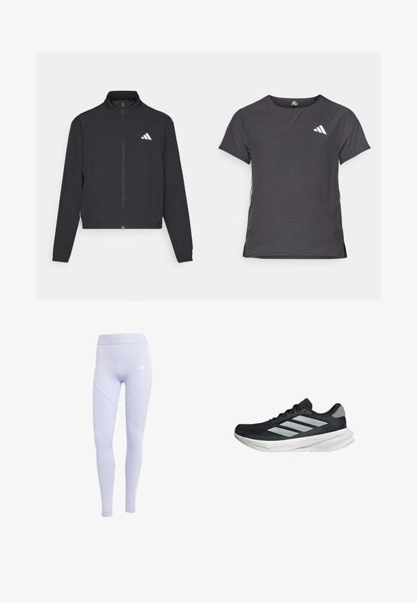 adidas Performance TRAIN ESSENTIALS 3 STRIPES WARM UP - Trainingsvest - black/white; Korte mouwen sport t-shirt, donkergrijs met geperforeerde textuur. Bevat een wit logo en contrasterende zijstrepen. Ronde halslijn.; Lichtpaarse leggings gemaakt van rekbare stof met een hoge tailleband, met een subtiel logo en een naadloos zijpaneelontwerp.; Zwarte hardloopschoen met een mesh bovenzijde, drie zilveren strepen, witte middenzool en een gestructureerde loopzool. Heeft een gevoerde kraag en een vetersluiting.