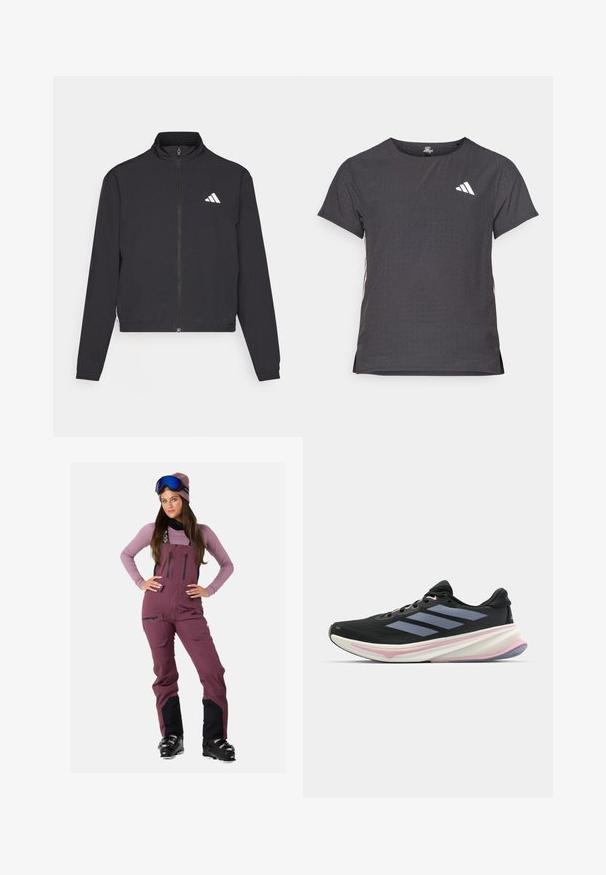 adidas Performance TRAIN ESSENTIALS 3 STRIPES WARM UP - Training jacket - black/white; Short-sleeve athletic t-shirt, dark gray with perforated texture. Features a white logo and contrasting side stripes. Rounded neckline.; Maroon ski overall with black accents, adjustable straps, multiple zippered pockets, paired with a light purple long-sleeve shirt and ski goggles.; Black running shoe with mesh upper, light purple accents, and three horizontal gray stripes. Features a cushioned sole for comfort.