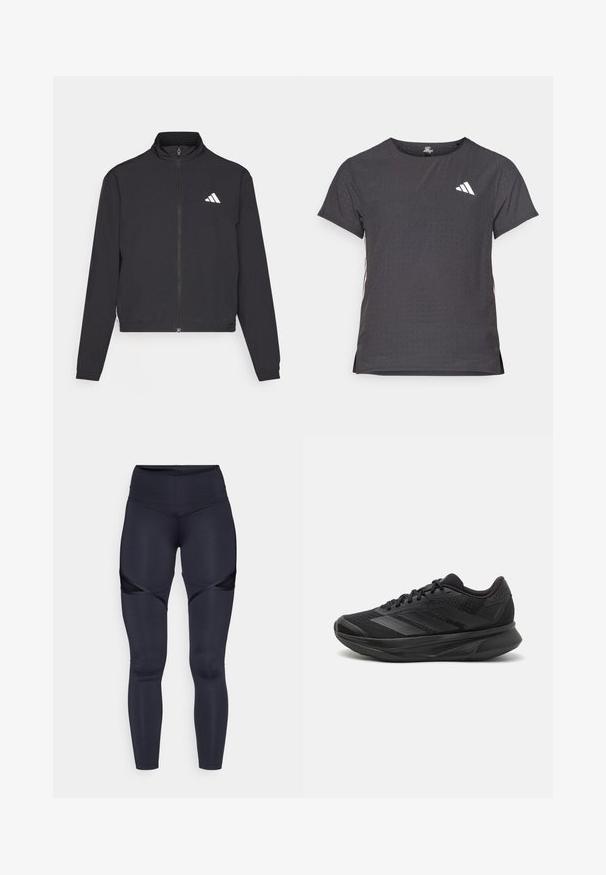adidas Performance TRAIN ESSENTIALS 3 STRIPES WARM UP - Sportovní bunda - black/white; Kraťasový sportovní tričko, tmavě šedé barvy s perforovanou texturou. Obsahuje bílé logo a kontrastní boční pruhy. Kulatý výstřih.; Vysoké, tmavě modré legíny vyrobené z pružného materiálu, s vystřiženými síťovanými detaily po stranách a hladkým, elegantním povrchem.; Černé běžecké boty s prodyšným síťovaným svrškem, kulatou špičkou, elegantním designem, texturovanými detaily a polstrovanou podrážkou pro pohodlí.