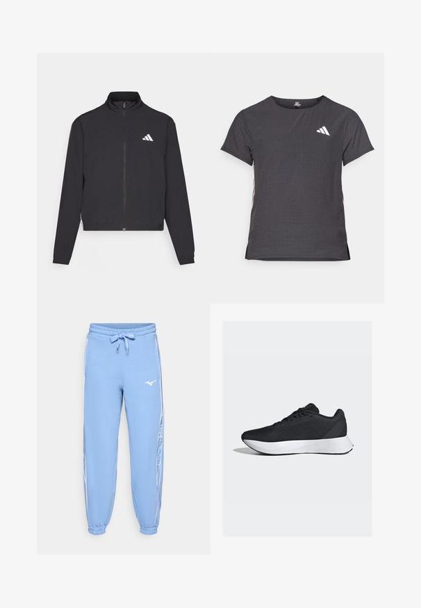 adidas Performance TRAIN ESSENTIALS 3 STRIPES WARM UP - Jakna za treniranje - black/white; Majica kratkih rukava za sport, tamno siva s perforiranim uzorkom. Ima bijeli logo i kontrastne bočne pruge. Zaobljeni izrez.; Svijetloplave pamučne jogger hlače s elastičnim pojasom, vezicom, rebrastim manžetama i bijelim bočnim trakama koje sadrže dizajn logotipa i teksta.; Crne atletske cipele s prozračnim mrežastim gornjim dijelom, bijelim međuslojem i modernim, zakrivljenim dizajnom; sadrže vezice i čvrst gumeni potplat.