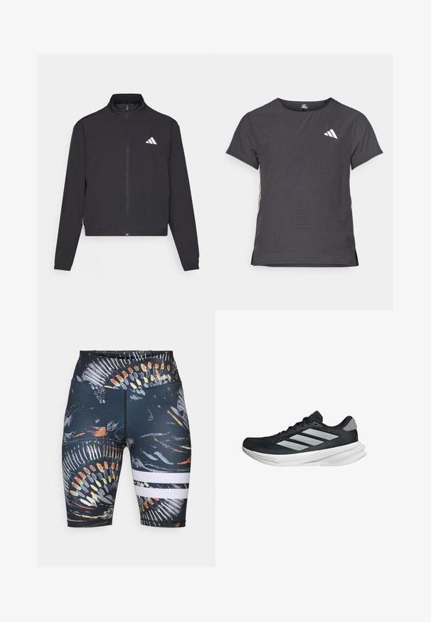 adidas Performance TRAIN ESSENTIALS 3 STRIPES WARM UP - Training jacket - black/white; Short-sleeve athletic t-shirt, dark gray with perforated texture. Features a white logo and contrasting side stripes. Rounded neckline.; Black athletic shorts featuring a colorful abstract print. Includes two white horizontal stripes near the hem. Made from stretchy material.; Black running shoe with mesh upper, three silver stripes, white midsole, and textured outsole. Features padded collar and lace closure.