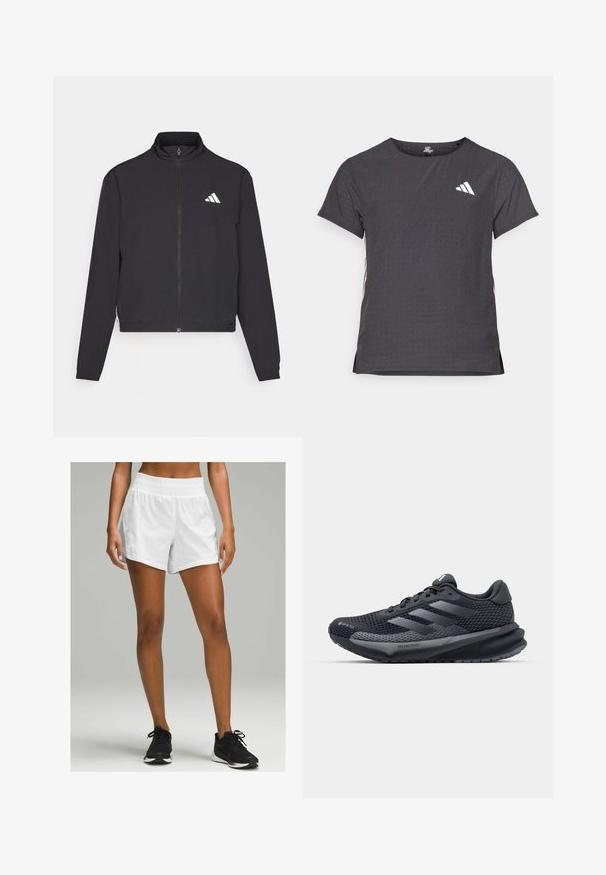 adidas Performance TRAIN ESSENTIALS 3 STRIPES WARM UP - Trainingsvest - black/white; Korte mouwen sport t-shirt, donkergrijs met geperforeerde textuur. Bevat een wit logo en contrasterende zijstrepen. Ronde halslijn.; Witte sportshorts met een elastische tailleband, met een lichte, gladde textuur en een ontspannen pasvorm. Gemaakt met zwarte hardloopschoenen.; Zwarte sportieve schoen met een gestructureerde mesh bovenkant, reflecterende accenten, een gevoerde zool en een gestroomlijnd ontwerp. Beschikt over het logo met drie strepen.