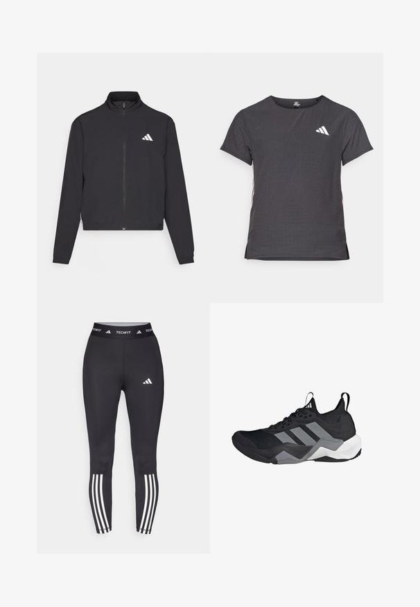adidas Performance TRAIN ESSENTIALS 3 STRIPES WARM UP - Spordijakk - black/white; Lühikese varrukaga sportlik T-särk, tumehall, perforatsiooni tekstuuriga. Omab valget logo ja kontrastset külgtriipu. Ümar kaelus.; Mustad mustad treeninglegingi sobiva disainiga, millel on TECHFIT vöökoht ja kolm valget triipu sääreosadel. Sile tekstuur.; Musthave must viibutav võrkkangas, hallid aktsendid, tekstureeritud tald ja kolm eristuvat triipu külgedel.