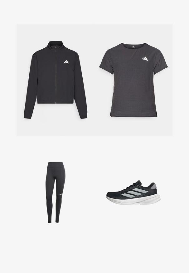 adidas Performance TRAIN ESSENTIALS 3 STRIPES WARM UP - Trainingsvest - black/white; Korte mouwen sport t-shirt, donkergrijs met geperforeerde textuur. Bevat een wit logo en contrasterende zijstrepen. Ronde halslijn.; Zwarte sportlegging met een hoge tailleband, voorzien van een zijzak en een wit logo op het linkerspoor van de onderkant. Het materiaal lijkt ademend te zijn.; Zwarte hardloopschoen met een mesh bovenzijde, drie zilveren strepen, witte middenzool en een gestructureerde loopzool. Heeft een gevoerde kraag en een vetersluiting.
