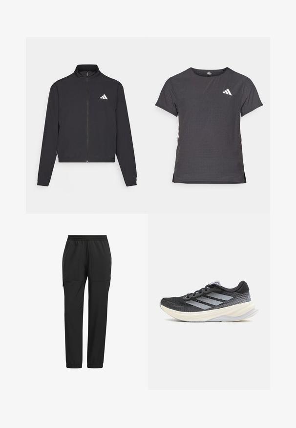 adidas Performance TRAIN ESSENTIALS 3 STRIPES WARM UP - Trainingsjacke - black/white; Kurze Ärmel Sport-T-Shirt, dunkelgrau mit durchbrochener Textur. Enthält ein weißes Logo und kontrastierende Seitenstreifen. Runder Ausschnitt.; adidas Performance GO-TO HYBRID - Jogginghose - black; adidas Performance SUPERNOVA SOLUTION - Laufschuh Straße - core black/halo silver/dash grey
