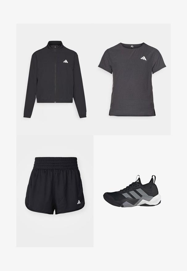 adidas Performance TRAIN ESSENTIALS 3 STRIPES WARM UP - Jakna za treniranje - black/white; Majica kratkih rukava za sport, tamno siva s perforiranim uzorkom. Ima bijeli logo i kontrastne bočne pruge. Zaobljeni izrez.; Crne atletske kratke hlače s elastičnim, nabranym pojasom i bijelim logotipom na donjoj desnoj strani. Glatki, lagani materijal.; Crne sportske tenisice s prozračnom mrežastom gornjom stranom, sivim naglascima, teksturiranim đonom i tri prepoznatljive pruge sa strane.