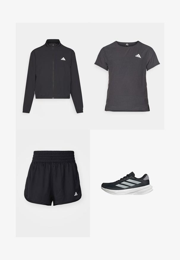 adidas Performance TRAIN ESSENTIALS 3 STRIPES WARM UP - Trainingsvest - black/white; Korte mouwen sport t-shirt, donkergrijs met geperforeerde textuur. Bevat een wit logo en contrasterende zijstrepen. Ronde halslijn.; Zwarte sportieve shorts met een elastische, gerimpelde tailleband en een wit logo-accent aan de onderzijde rechts. Glad, lichtgewicht materiaal.; Zwarte hardloopschoen met een mesh bovenzijde, drie zilveren strepen, witte middenzool en een gestructureerde loopzool. Heeft een gevoerde kraag en een vetersluiting.