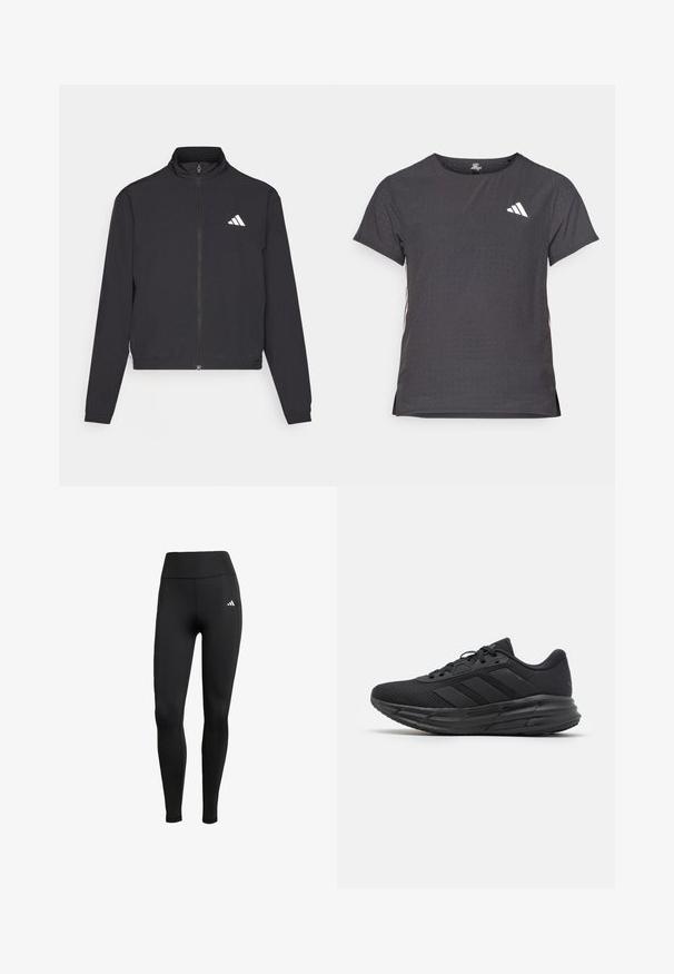 adidas Performance TRAIN ESSENTIALS 3 STRIPES WARM UP - Trainingsvest - black/white; Korte mouwen sport t-shirt, donkergrijs met geperforeerde textuur. Bevat een wit logo en contrasterende zijstrepen. Ronde halslijn.; Zwarte sportleggings met een hoge tailleband. Gemaakt van rekbare stof met een wit logo detail aan de bovenste linkerkant.; Zwarte sportieve schoen met een ademend bovenwerk van mesh, voorzien van drie matte zwarte strepen, een gevoerde zool en een gestructureerde buitenzool voor grip.