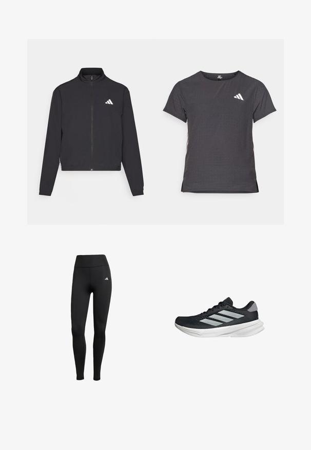 adidas Performance TRAIN ESSENTIALS 3 STRIPES WARM UP - Veste de survêtement - black/white; T-shirt de sport à manches courtes, gris foncé avec une texture perforée. Présente un logo blanc et des rayures latérales contrastantes. Encolure arrondie.; Leggings de sport noirs avec une taille haute. Fabriqués en tissu extensible, avec un détail de logo blanc sur le côté supérieur gauche.; Baskets de course noires avec tige en mesh, trois rayures argentées, semelle intermédiaire blanche et semelle extérieure texturée. Comprend un col rembourré et un système de laçage.