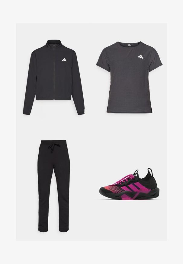 adidas Performance TRAIN ESSENTIALS 3 STRIPES WARM UP - Jakna za treniranje - black/white; Majica kratkih rukava za sport, tamno siva s perforiranim uzorkom. Ima bijeli logo i kontrastne bočne pruge. Zaobljeni izrez.; Crne trenerke od mekog pamuka. Imaju elastični pojas s vezicom i uski manžetnju na gležnju. Jednostavan dizajn bez uzoraka.; Crne i ružičaste atletske cipele s teksturiranim gornjim dijelom, uzorkovanim dizajnom, istaknutim vezicama i debelim potplatom s ružičastim akcentima.
