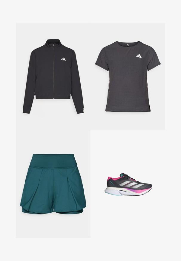 adidas Performance TRAIN ESSENTIALS 3 STRIPES WARM UP - Jakna za treniranje - black/white; Majica kratkih rukava za sport, tamno siva s perforiranim uzorkom. Ima bijeli logo i kontrastne bočne pruge. Zaobljeni izrez.; Tirkizne atletske kratke hlače s visokim strukom, koje imaju nabore, glatku teksturu i prozračni materijal. Pogodne za aktivno odijevanje.; Trkaća obuća s gornjim dijelom od sive mrežice, ružičastim akcentima i bijelim prugama. Ima podstavljeni potplat i elegantan, aerodinamičan dizajn.