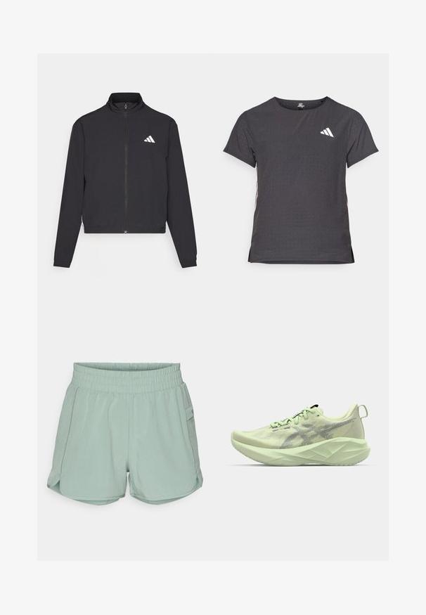 adidas Performance TRAIN ESSENTIALS 3 STRIPES WARM UP - Verryttelytakki - black/white; Lyhythihainen urheilupaita, tummanharmaa, jossa on reikäkudot. Ominaisuuksina valkoinen logo ja kontrastiväriset sivusuunnat. Pyöreä pääntie.; Valkoinen vihreät urheilushortsit, joissa on joustava vyötärö, sivurei'ityksellä, sileä kangas, tasku oikealla puolella ja vahvistetut saumat.; Vihreä urheilukengät, joissa on verkkokangas yläosa, teksturoituja yksityiskohtia ja paksu, kulmikas pohja parempaan pehmustukseen ja tukeen.