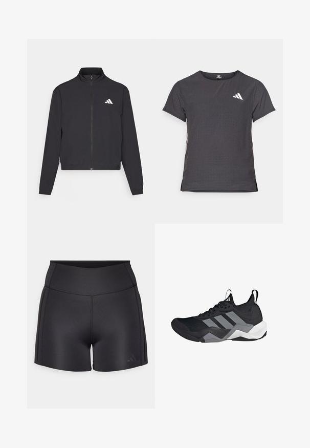 adidas Performance TRAIN ESSENTIALS 3 STRIPES WARM UP - Trainingsvest - black/white; Korte mouwen sport t-shirt, donkergrijs met geperforeerde textuur. Bevat een wit logo en contrasterende zijstrepen. Ronde halslijn.; Zwarte sportieve shorts van rekbaar materiaal, met een hoge tailleband, vlakke naden en een subtiele Adidas-logo in de onderste hoek.; Zwarte sportieve schoen met een ademend mesh-bovenwerk, grijze accenten, gestructureerde zool en drie kenmerkende strepen aan de zijkant.