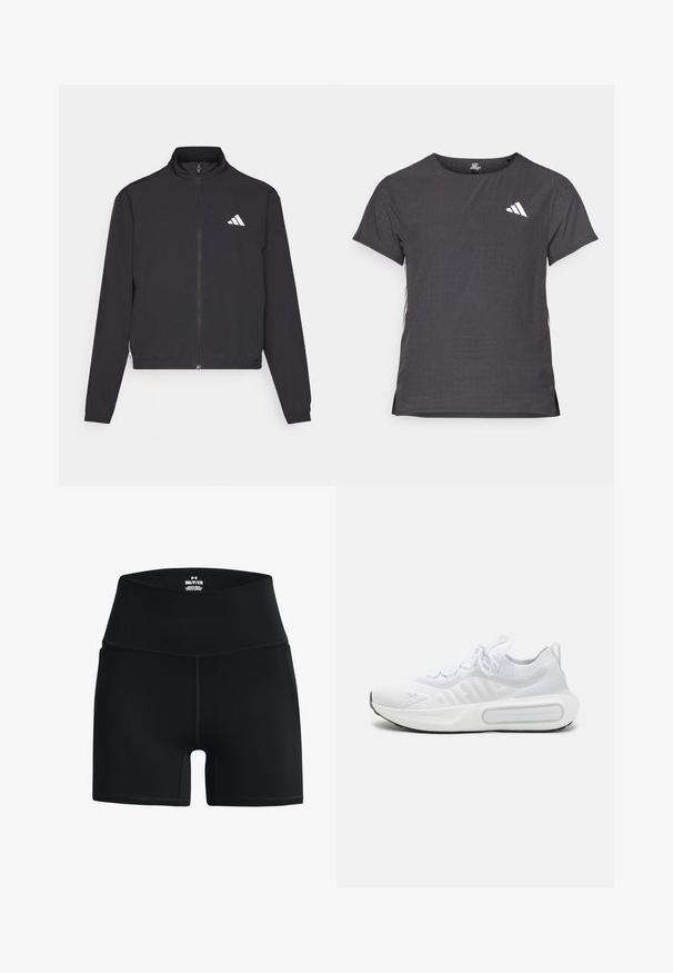 adidas Performance TRAIN ESSENTIALS 3 STRIPES WARM UP - Training jacket - black/white; Short-sleeve athletic t-shirt, dark gray with perforated texture. Features a white logo and contrasting side stripes. Rounded neckline.; Black elastic shorts with a high waist, featuring a smooth texture and flatlock seams for comfort. Branding displayed on the waistband.; White athletic shoe with a textured knit upper, lace-up closure, cushioned sole, and a distinctive branding detail on the side.