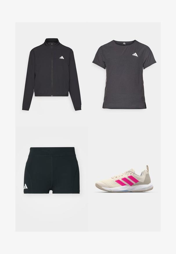 adidas Performance TRAIN ESSENTIALS 3 STRIPES WARM UP - Giacca sportiva - black/white; T-shirt atletico a maniche corte, grigio scuro con texture perforata. Presenta un logo bianco e strisce laterali a contrasto. Girocollo.; Pantaloni sportivi neri realizzati in tessuto elasticizzato, con vita alta, forma aderente e logo Adidas bianco sul lato sinistro.; Scarpa sportiva beige con logo a tre strisce rosa, tomaia in rete testurizzata, collo imbottito e suola in gomma bianca, con il marchio "LIGHTSTRIKE".