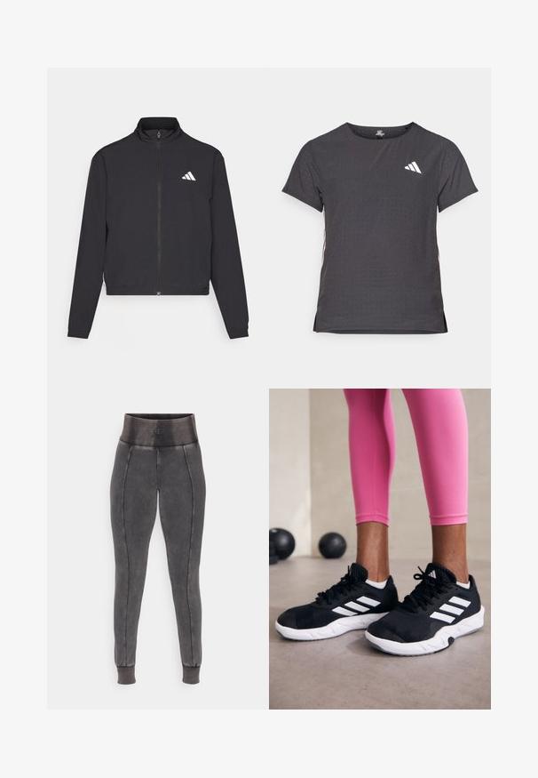 adidas Performance TRAIN ESSENTIALS 3 STRIPES WARM UP - Casaco de treino - black/white; T-shirt atlético de mangas curtas, cinza escuro com textura perfurada. Apresenta um logo branco e riscas laterais contrastantes. Decote arredondado.; Leggings cinzentos com uma faixa elástica alta na cintura, apresentando costuras em contraste e punhos em canelado nos tornozelos para um ajuste confortável.; Sapatos de treino pretos com riscas brancas, parte superior em malha texturizada e sola branca. Usados com leggings cor-de-rosa, destacando roupa de treino.
