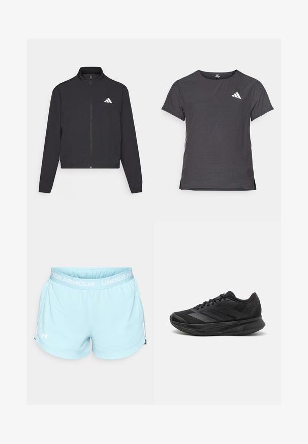 adidas Performance TRAIN ESSENTIALS 3 STRIPES WARM UP - Trainingsvest - black/white; Korte mouwen sport t-shirt, donkergrijs met geperforeerde textuur. Bevat een wit logo en contrasterende zijstrepen. Ronde halslijn.; Lichtblauwe sportshorts met een elastische tailleband, voorzien van een wit 'UNDER ARMOUR' logo en subtiele zijsplitten aan de zoom.; Zwarte hardloopschoen met een ademende mesh bovenkant, ronde neus, slank ontwerp, textuuraccenten en een gevoerde zool voor comfort.